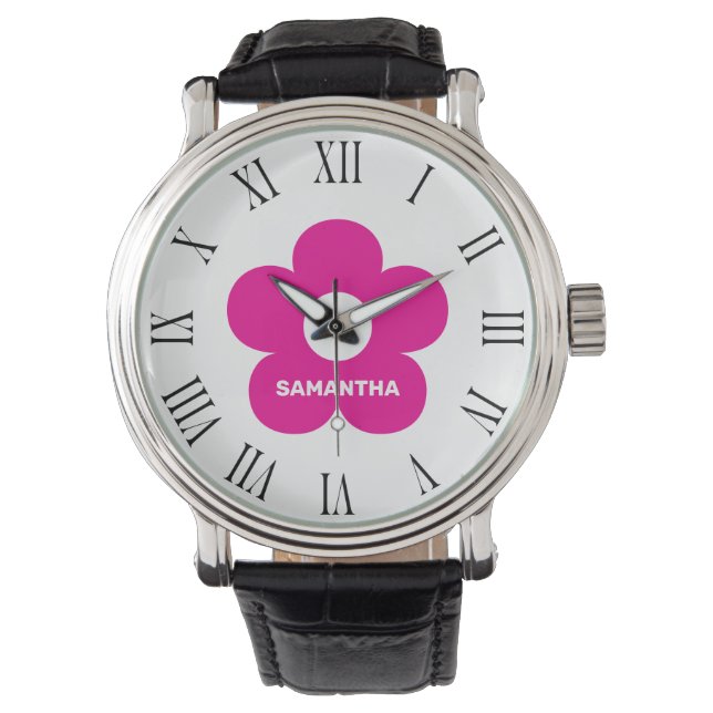 Flower Classic Zwart en Wit Roze Custom Name Horloge (Voorkant)
