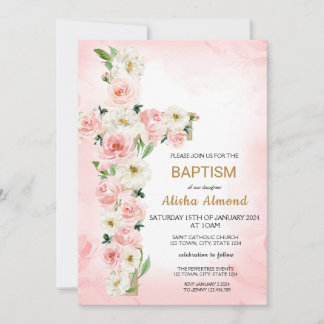 Flower Cross Baptism Invitation, Floral Christian Kaart