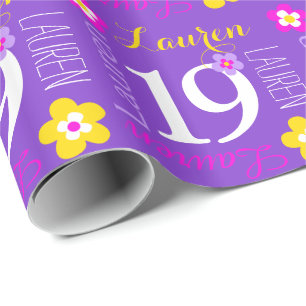 Flower custom name Lauren 19th verjaardagsrap Cadeaupapier
