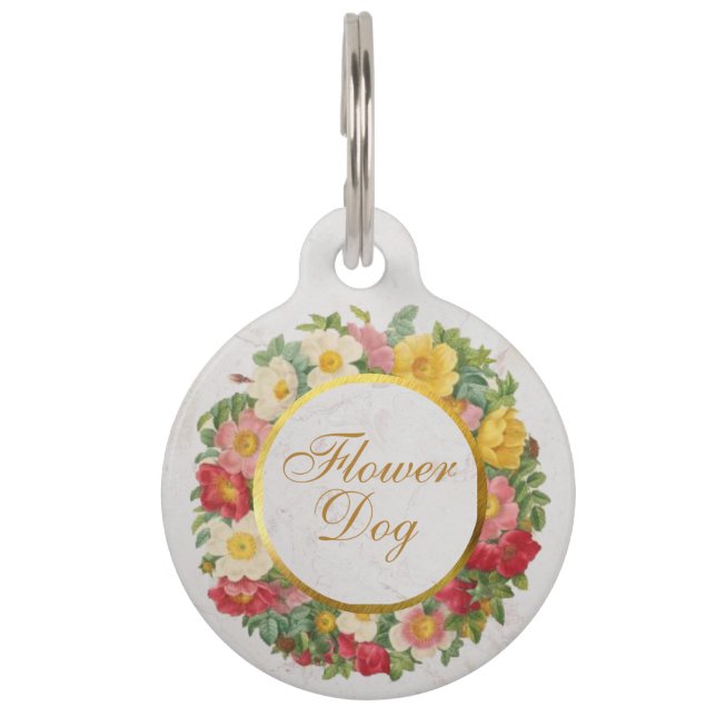 Flower Dog Roos Krans Script Faux Gold Wedding Huisdierpenning (Voorkant)
