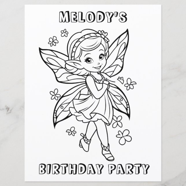 Flower fairy birthday party coloring activity  (Voorkant)