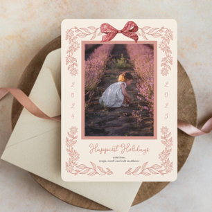 Flower Framed Holiday Bow Photo Holiday Kaart