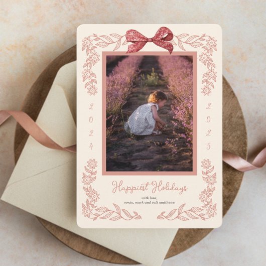 Flower Framed Holiday Bow Photo Holiday Kaart