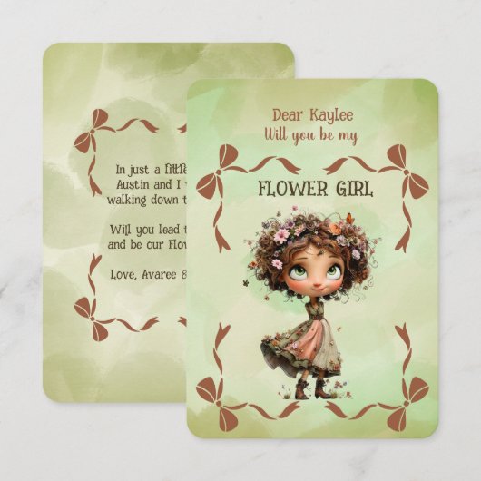 Flower Girl Invitation Floral Green Watercolor Notitiekaartje (Voorkant / Achterkant)