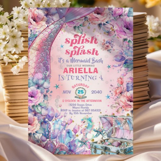 Flower Glitter Mermaid Tail 4th Birthday  Kaart