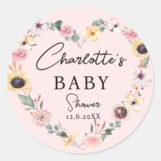 Flower-Heart-Baby shower Ronde Sticker (Voorkant)
