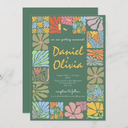  Flower Kleurrijke Retro bruiloft Kaart (Voorkant / Achterkant)