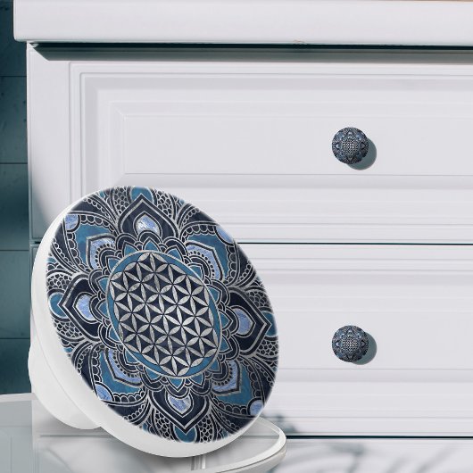 Flower of Life in Lotus - Blue Crystal and Silver Keramische Knop