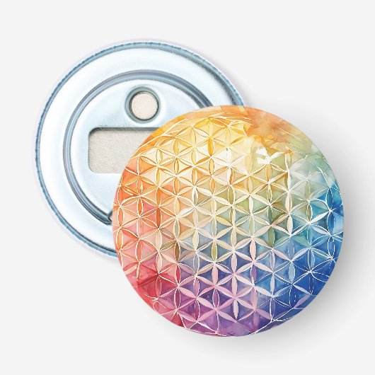 Flower of Life - Waterverf schilderij Button Flesopener (Voorkant)