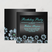 Flower Party Black/Blue Invitation d'anniversaire (Devant / Derrière)