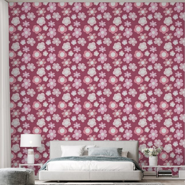 flower pattern dark pink behang (Slaapkamer)