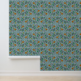 Flower Pattern oranje Swirl Berry op Blauwgroen - Behang