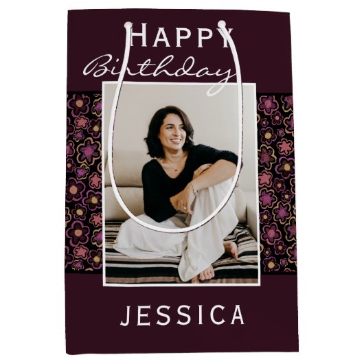 Flower Pattern Photo Happy Birthday Medium Cadeauzakje (Voorkant)