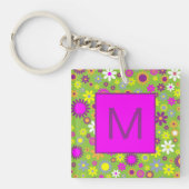 Flower Power Bright Green and Pink Monogrammed Sleutelhanger (Voorkant)