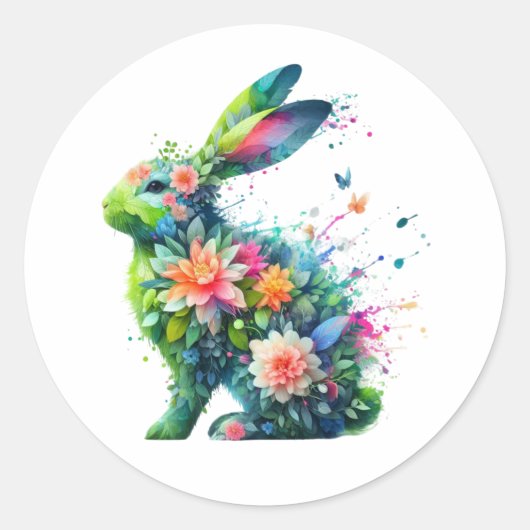 Flower Power Bunny Rabbit Ronde Sticker (Voorkant)