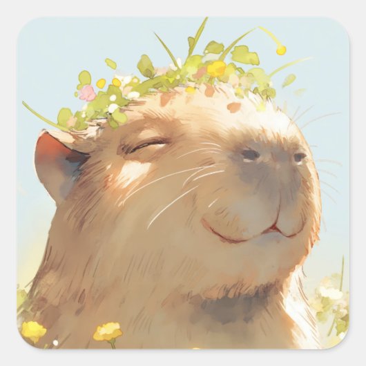 Flower Power Capybara Vierkante Sticker (Voorkant)