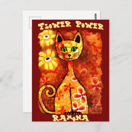 Flower Power Retro Whimsical Cat Personalized Briefkaart (Voorkant / Achterkant)