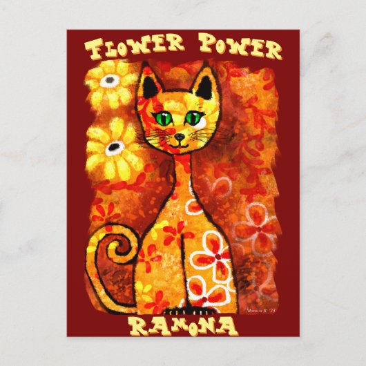 Flower Power Retro Whimsical Cat Personalized Briefkaart (Voorkant)