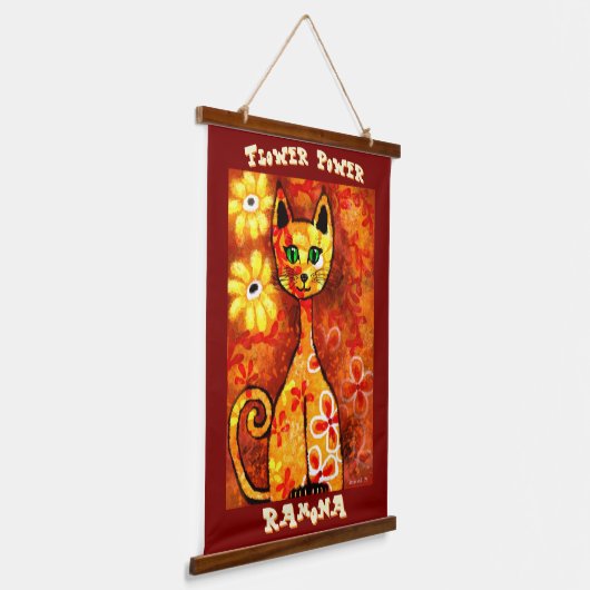 Flower Power Retro Whimsical Cat Personalized Hangend Wandkleed (Gebogen)