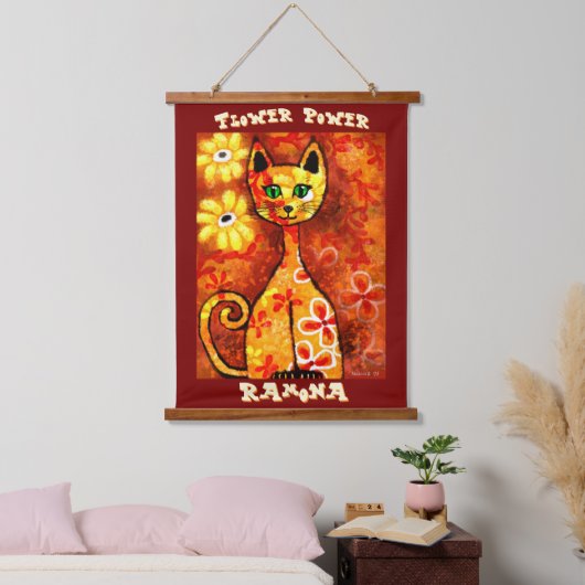 Flower Power Retro Whimsical Cat Personalized Hangend Wandkleed (Slaapkamer)