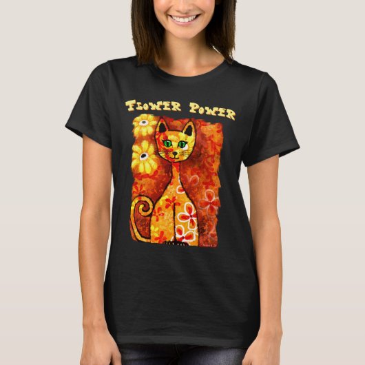 Flower Power Retro Whimsical Cat Personalized T-shirt (Voorkant)