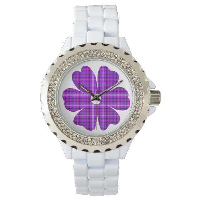 Flower Shape Plaid Purple Pink Horloge (Voorkant)