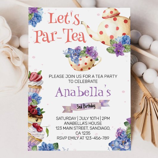 Flower Tea Birthday Party Invitation Kaart