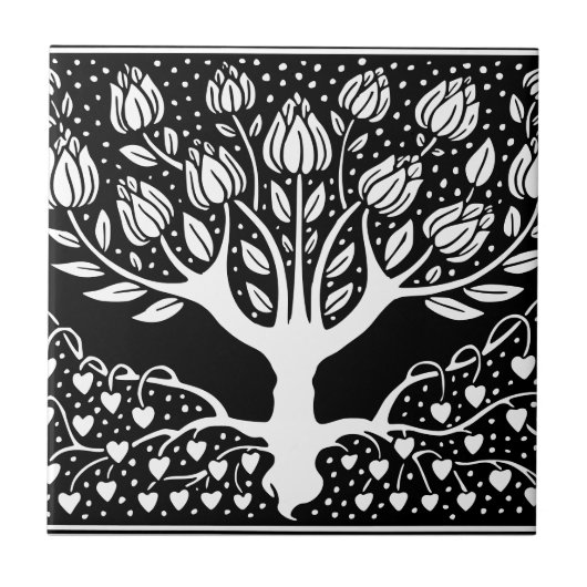 Flower Tree Black & White Beardsley Hearts Tegeltje (Voorkant)