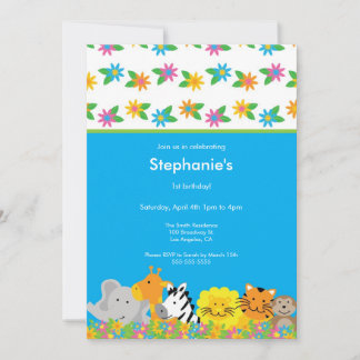 Flowered Jungle Animals Birthday Party Invitation Kaart