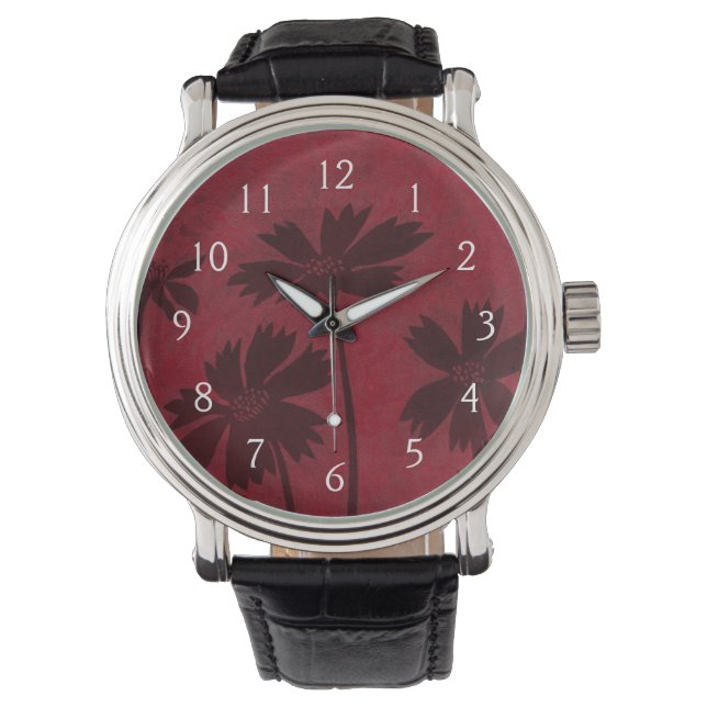 Flowerhead Silhouettes op Crimson Background Horloge (Voorkant)