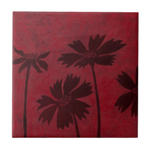 Flowerhead Silhouettes op Crimson Background Tegeltje
