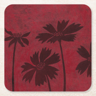 Flowerhead Silhouettes op Crimson Background Vierkante Kartonnen Onderzetter