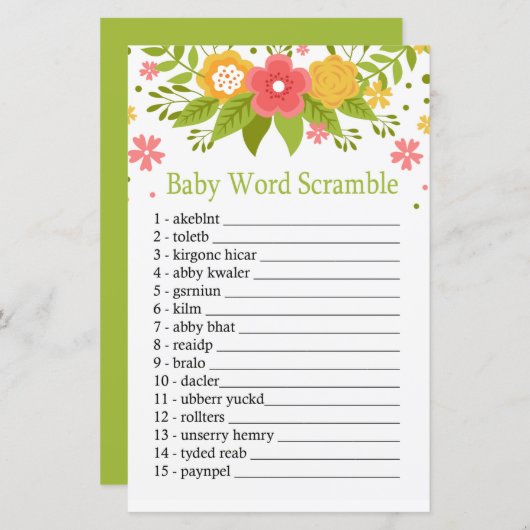 Flowers Baby word scramble game (Voorkant / Achterkant)
