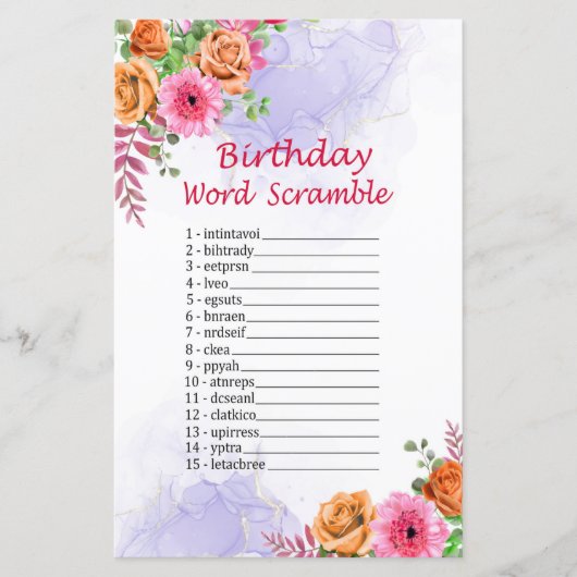 Flowers Birthday Word Scramble Game (Voorkant)