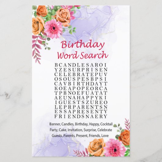Flowers Birthday Word Search Game (Voorkant)