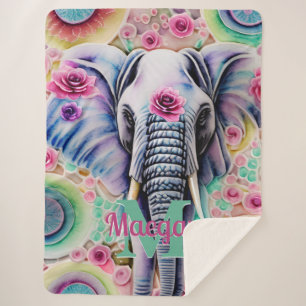 Flowers en Elephant Personalized Name Waterverf Sherpa Deken