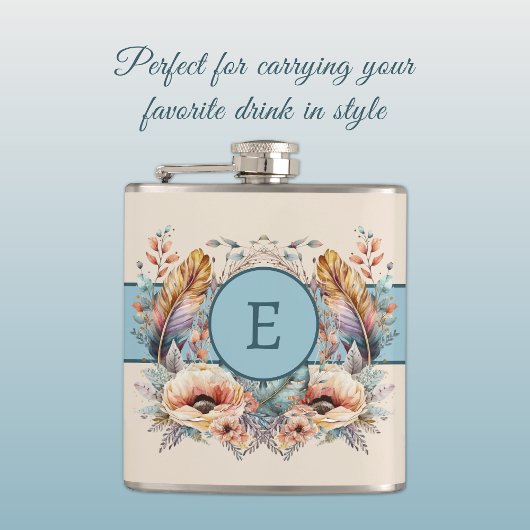 Flowers feathers toevoegen initiaal blauw heupfles