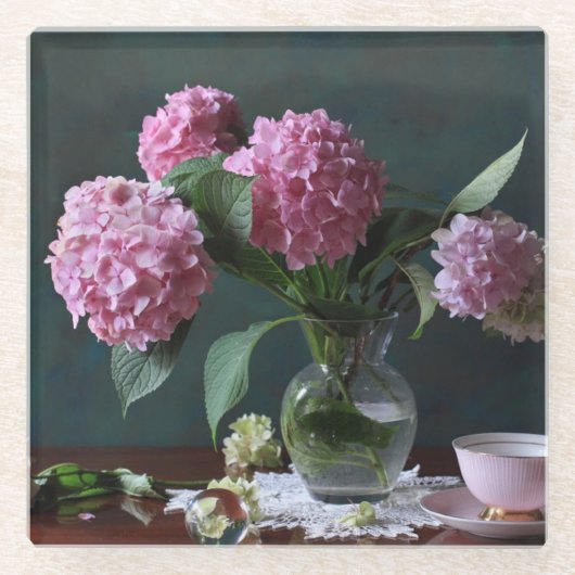 Flowers | Hydrangeas in Vase Glazen Onderzetter (Voorkant)