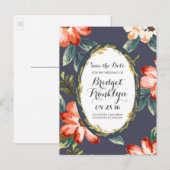  Flowers Navy and Gold Bewaar de datum Aankondigingskaart (Voorkant / Achterkant)