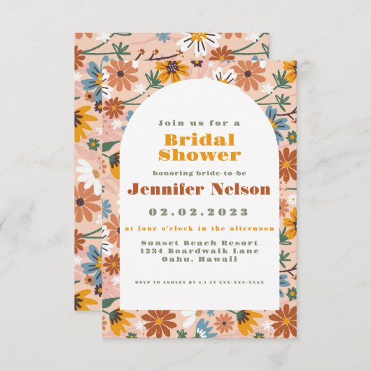 Flowers Pattern Boho 70s Bridal Shower Invitation Kaart (Voorkant / Achterkant)