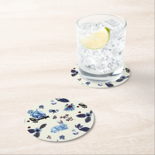 Flowers Rabbit Monkey Blue White Vintage  Ronde Kartonnen Onderzetter