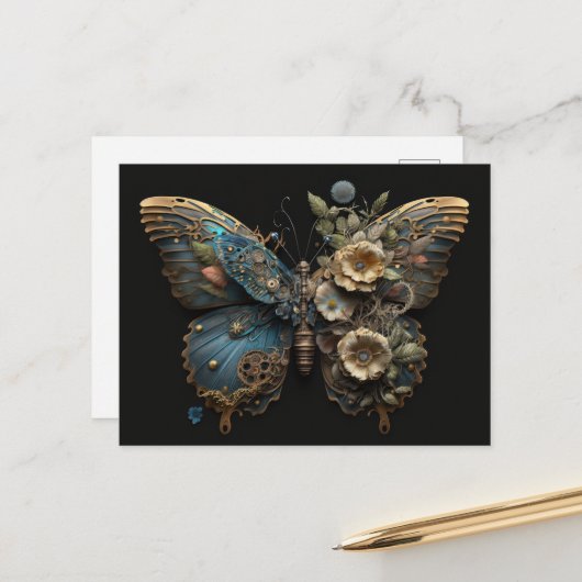  Flowers Steampunk Butterfly Briefkaart (Voorkant / Achterkant in situ)