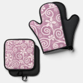 Flowers Swirls Dusty Pink White Pattern Whimsical Ovenwant & Pannenlap Set (Voorkant / Achterkant)