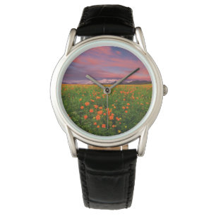 Flowers Wildflower Field Snowcapped Mountains Horloge
