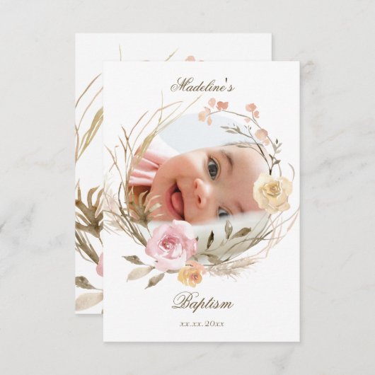 flowers wreath Baptism small thank you cards Kaart (Voorkant / Achterkant)