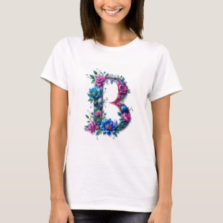 Flowery B – Elegant Floral Initiaal T-shirt voor W