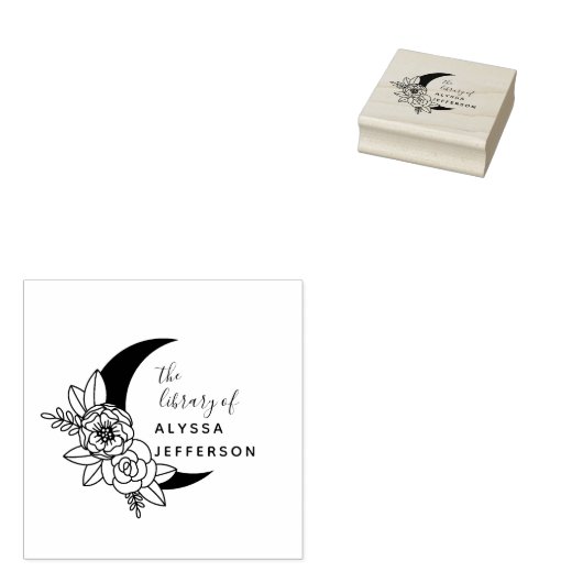 Flowery Moon Elegant Custom Name Library Book Rubberstempel (Gestempeld)