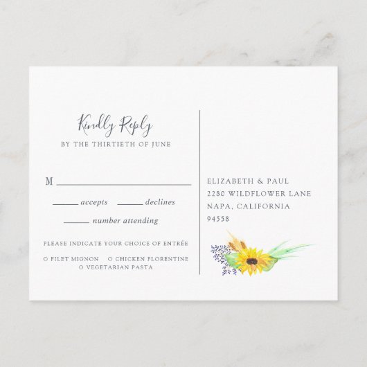 Flowfields Carte postale RSVP avec choix de repas (Dos)