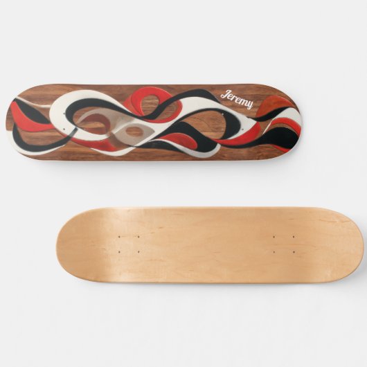 Flowing abstract black, red, white on walnut skateboard (Horizontaal)
