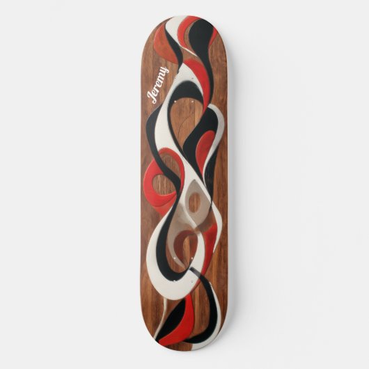 Flowing abstract black, red, white on walnut skateboard (Voorkant)